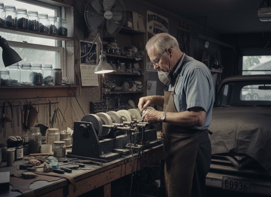 1950s garage workshop with lapidary equipment