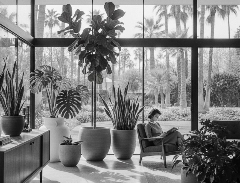 Case Study House interior with architectural pottery planters