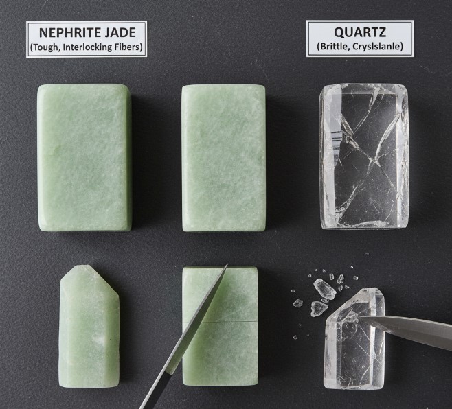 Jade and quartz showing different cutting characteristics